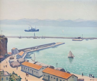 LINO Gustave, 1893-1961 
Vue du port de Bougie (Béjaïa)
Huile sur toile (craquelures),...
