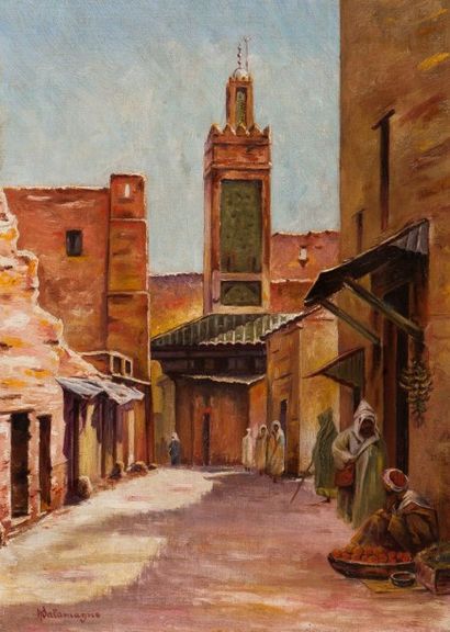 SALAMGNE A (XIX-XXème) 
Rue à Fez, mosquée Chrabliyin, 1935
Huile sur toile signée...