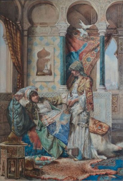 VITALI E., XIX-XXe siècles 
Deux femmes au harem, 1886 Roma aquarelle gouachée, signée,...