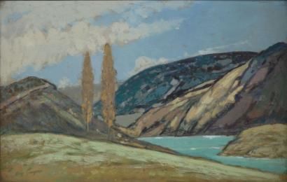GROSJEAN Henri, 1864-1948 La rivière d'Ain près du pont de la Pyle, 

pastel et gouache...