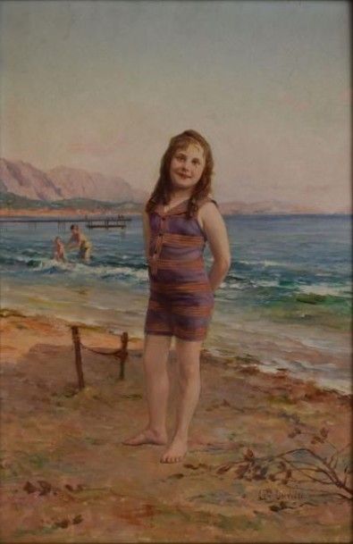 OUVIÈRE Gustave, fin XIXe début XXe siècle Jeune fille à la plage, 

huile sur panneau,...