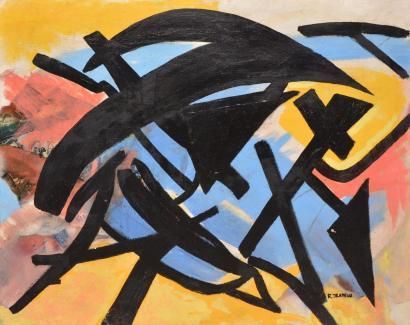 TRAMEAU Raymond, 1897-1985 Composition noire sur fond coloré, 

huile sur toile (manques),...