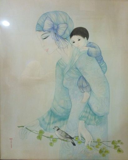 TRAN-LONG Mara (née en 1935) Maternité

Peinture sur soie, signée en bas à gauche,

65x54...