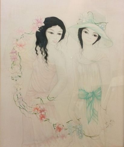 TRAN-LONG Mara (née en 1935) Jeunes femmes aux chapeaux et fleurs

Technique mixte...