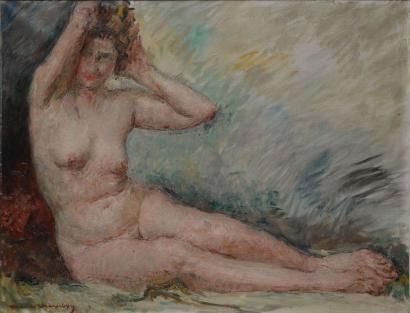 CHAMBON Marius, 1876-1962 Nu se coiffant, 

huile sur toile, signée en bas à gauche,

50x65...