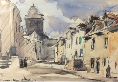 CHERVIN Louis, 1905-1969 Le beffroi à Vernon, 

aquarelle, signée et située en bas...