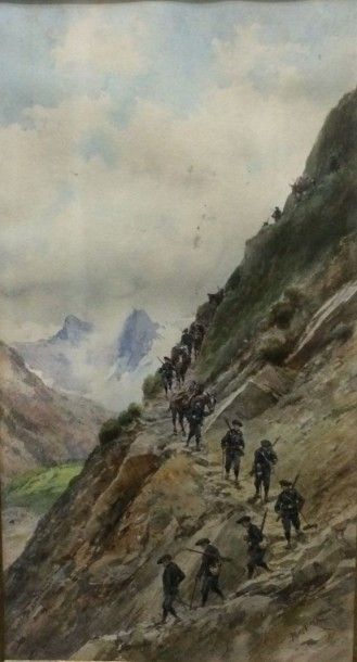 COMBA Pierre (1859-1934) Militaires en montagne

Aquarelle, signée en bas à droite,...