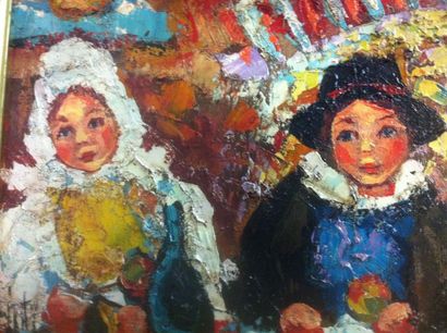 D'ANTY Henry, 1910-1998 Enfants bretons devant la cheminée 

Huile sur toile, signée...