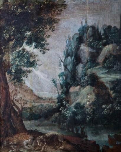 ECOLE FLAMANDE Premier quart du XVIIe siècle Paysage rocheux avec lion et agneau...