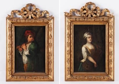 Genre du XVIIIe siècle Les musiciens 

Paire de panneaux : l'un, parqueté, l'autre,...