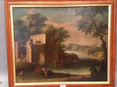 ECOLE FRANCAISE seconde moitié du XVIIIe siècle Paysage à la rivière avec villageoises,...