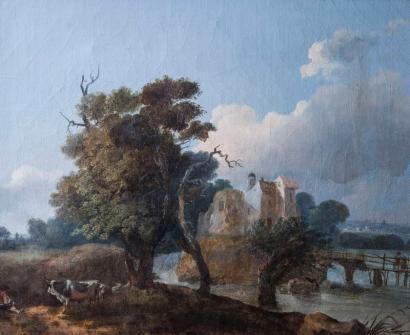 Ecole Française dernier quart du XVIIIe siècle Paysage de campagne à la rivière avec...