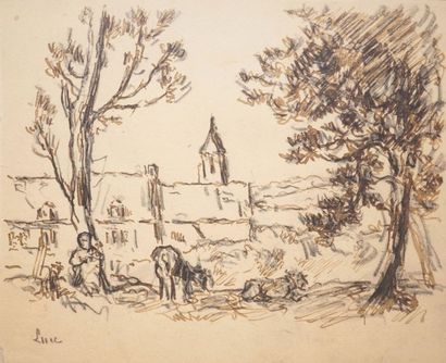 LUCE Maximilien, 1858-1941 
Gardeuse de vaches et hameau
Plume, encre brune et mine...