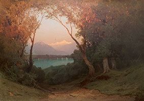 MENYEPKIN A., fin XIXe siècle 
Lac de montagne derrière les arbres, 1894
Huile sur...