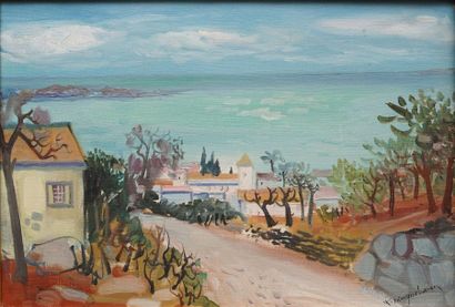 NEUQUELMAN Lucien, 1909-1988 
Ville au bord de mer
Huile sur toile, signée en bas...
