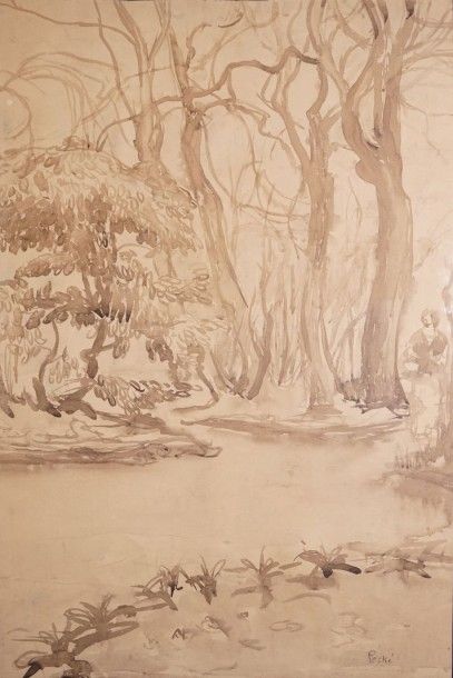 PESKE Jean, 1870-1949 
Femme au bord de l'eau en sous-bois
Lavis d'encre brune (plis,...