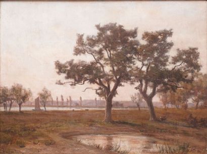 BOPP DU PONT Léon, 1840-1924 
Paysage au cours d'eau
Huile sur toile, signée en bas...