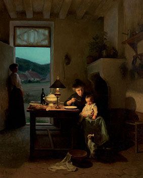 RIEDER Marcel, 1862-1942 
Le repas du bébé sous la lampe
Huile sur toile (restaurations),...