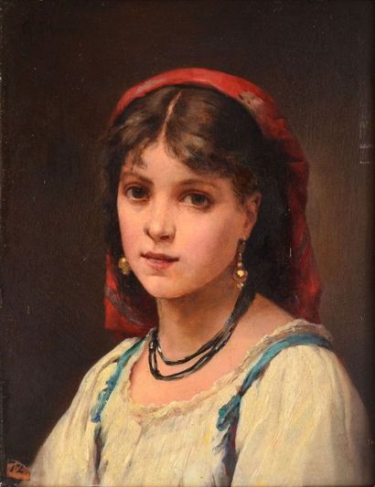 SCHREIBER Charles, 1845-1903 
Jeune fille au foulard rouge
Huile sur panneau, signé...