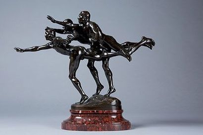 BOUCHER Alfred, 1850-1934 
Au but
Groupe en bronze à patine brune (très petits frottements...