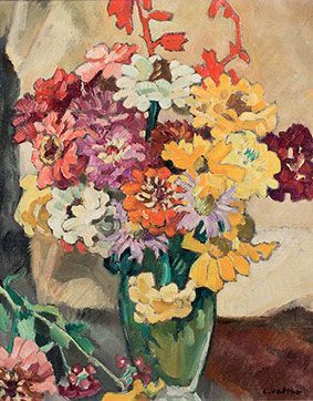 VALTAT Louis, 1869-1952 
Vase de zinnias, circa 1932
Huile sur toile, signée en bas...