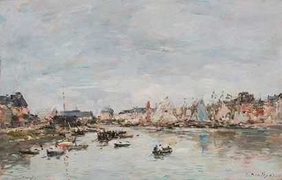 BOUDIN Eugène, 1824-1898 
Le port de Trouville, 1893
Huile sur panneau (usures),...