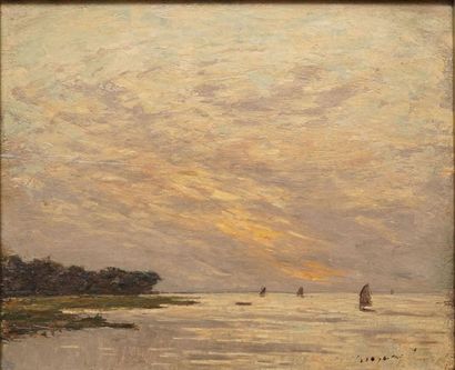 BRAQUAVAL Louis, 1854-1919 
Voiliers au soleil couchant sur les prés salés
Huile...