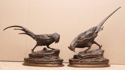 ARSON Alphonse Alexandre, 1822-1882 
Couple de faisans aux épis
Deux bronzes à patine...