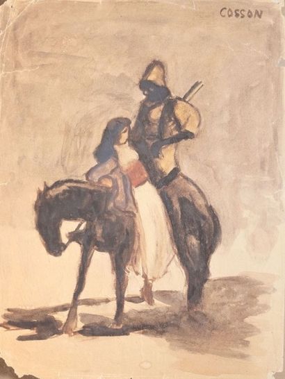 COSSON Marcel, 1878-1956 
Femme et cavalier africain
Aquarelle (accidents et insolation)...