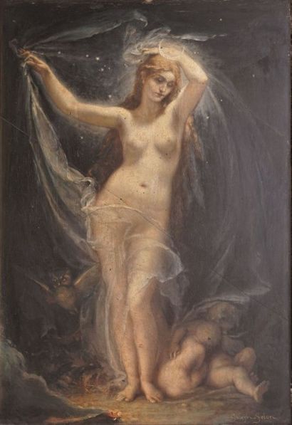 FÉLON Joseph, 1818-1896 
La Nuit
Peinture sur pierre (fentes et restaurations), dans...