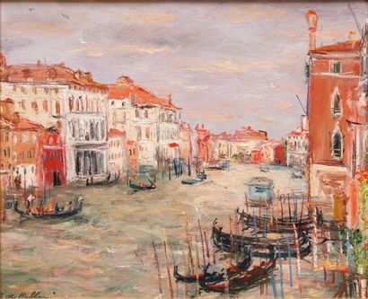BELLONI Serge, 1925-2005 
Le grand Canal, Venise
Huile sur panneau, signé en bas...