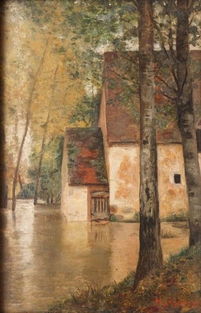 GERVEX Henri, 1852-1929 
Ferme et arbres inondés
Huile sur panneau, signé en bas...