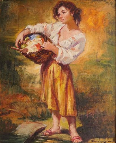 GONZALES CARBONELL Rosendo, 1910-1984 
Jeune paysanne au panier
Huile sur toile,...