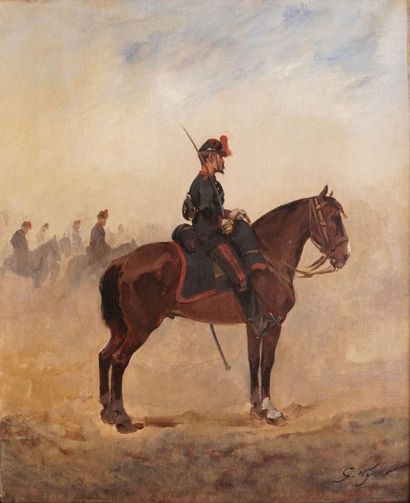 HYON Georges, né en 1855 
Cavalier au sabre
Huile sur toile, signée en bas à droite.
46x38...