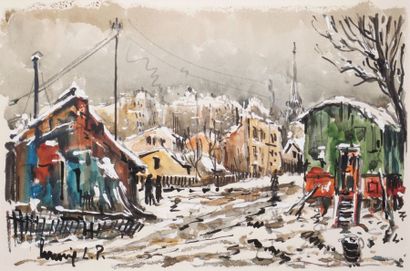 LAVOINE Robert L. P., 1916-1999 
Roulotte en banlieue sous la neige
Aquarelle, signée...
