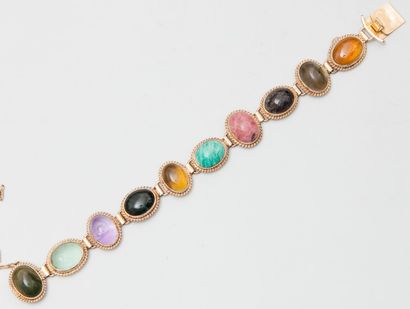 null Bracelet souple en or jaune 18K (750) orné de 10 cabochons de jaspe, béryl verre,...