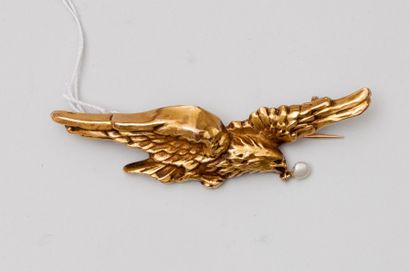 null Broche en or jaune 18K (750) stylisant un aigle tenant une perle dans son bec.
Longueur...