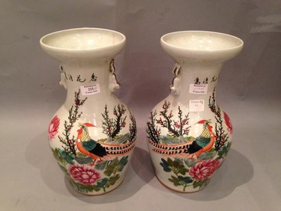 null Paire de vases en Porcelaine de Chine à décor d'un volatile et de pivoines.

Chine...