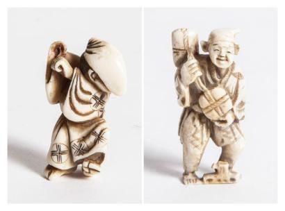 null Deux netsuke en ivoire : personnage tenant un ballot
Japon, 1920-30 (accidents)
on...