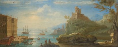 Orazio GREVENBROECK (1670- 1730) Rivage méditerranéen bordé de monuments au soleil...