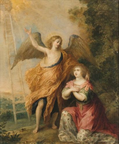 Ecole Flamande du XVIIe siècle Un ange montre à une femme à genoux et en prière l'échelle...