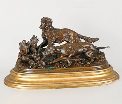 MÈNE Pierre-Jules, 1810 -1879 Chasse à la perdrix Groupe en bronze à patine médaille...