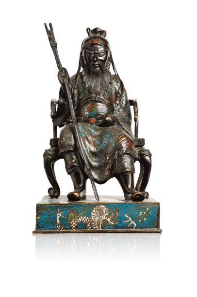 null Sujet en bronze et émaux champlevés polychromes représentant un dieu chinois...