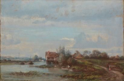 null FLERS Camille, 1802-1868, 

Maisons et barques à la rivière

Pastel (légers...