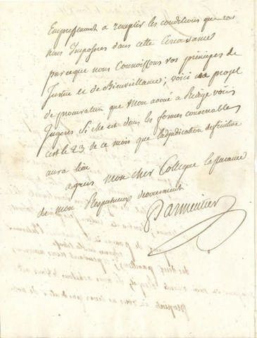 Antoine-Augustin parmentier (1737-1813) Pharmacien et agronome. L.A.S., Paris 15...