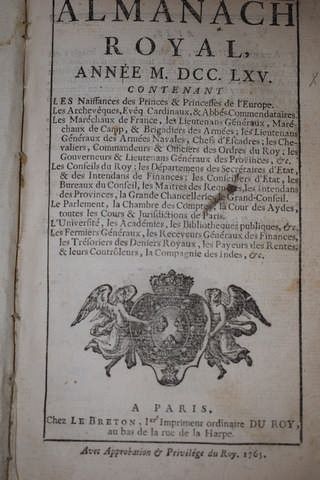 null ALMANACH ROYAL. Paris, Le Breton, 1765. In-8, maroquin rouge, plaque dorée à...