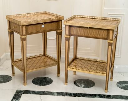 null Paire de table d'appoint de style Louis XVI reposant sur des pieds gainés, décor...