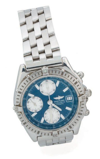 BREITLING Montre chronographe en acier, cadran bleu trois compteurs, affichage de...