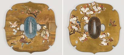 null Importante tsuba en laque kinji et décor en shibayama représentant, sur une...