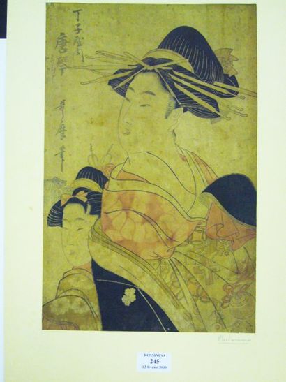 null Utamaro : oban tate-e représentant une courtisane et sa kamuro, en buste. (fortement...